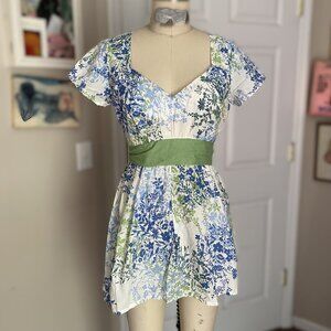 URBAN OUTFITTERS Blue GREEN Floral Y2K Belted smocked Tunic Shirt *LARGE*